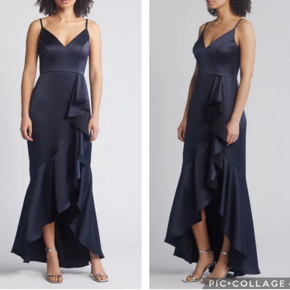 Xscape Satin‎ Ruffle Gown Navy Blue 10